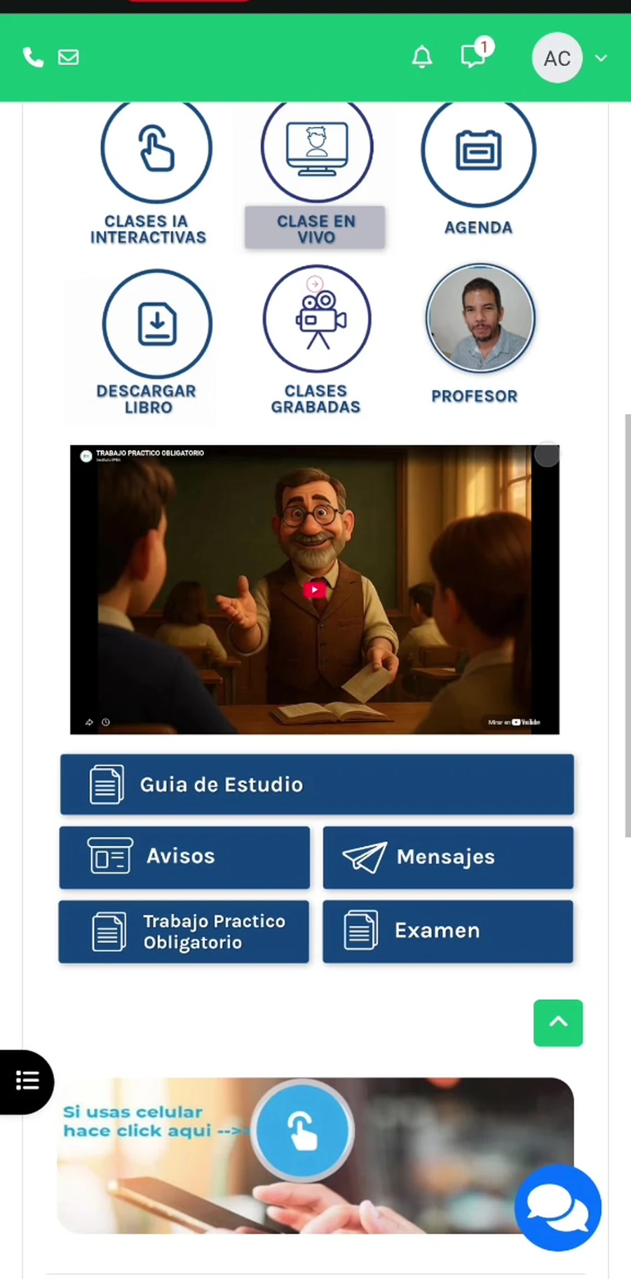 Captura real del campus virtual de IPEA en el celular, con accesos a clase en vivo, clases grabadas, guía de estudio y mensajes.