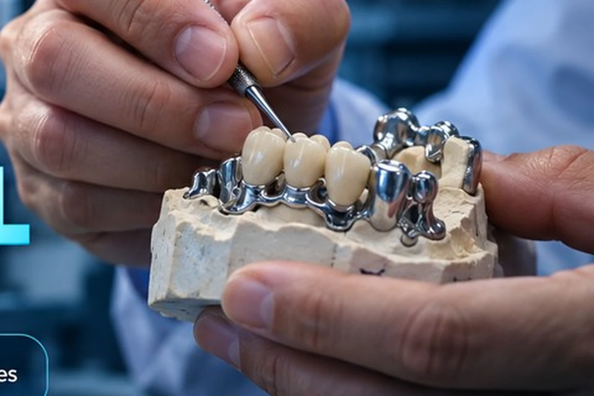 Manos trabajando sobre una prótesis dental en un modelo.