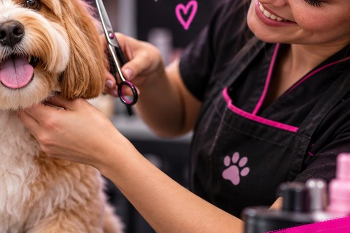 Peluquera canina trabajando con tijera sobre el manto de un perro.