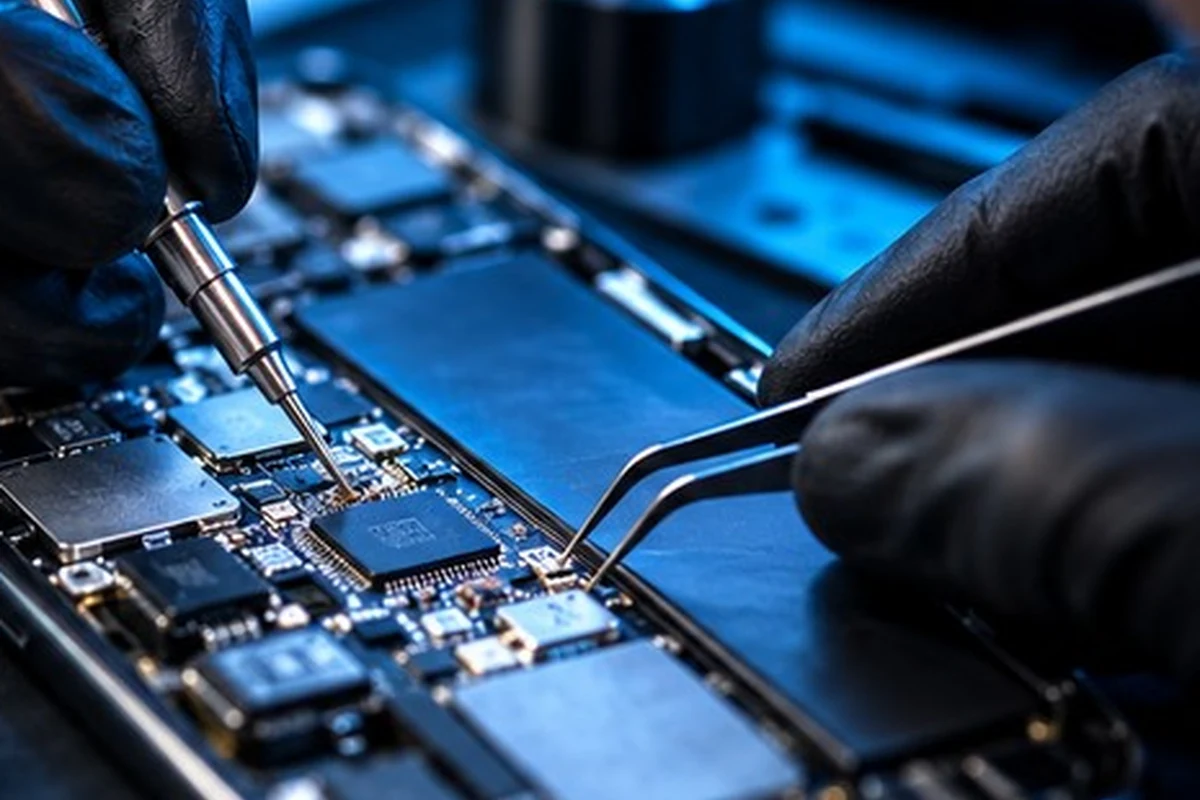 Manos trabajando sobre la placa interna de un teléfono celular.