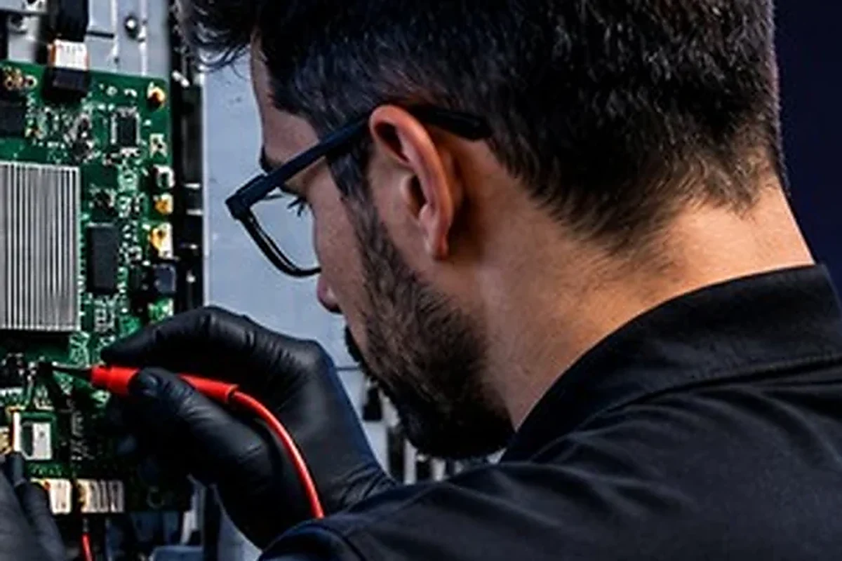 Técnico diagnosticando el interior de un Smart TV.